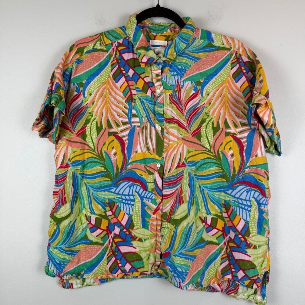 C&C California 100% Linen Shirt Women Large Multicolor Bright Tropical Button-Up
